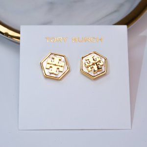 Tory Burch Hexagon Semiprecious Button Earring in Mother of Pearl (NEW)